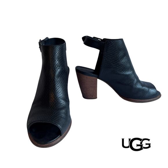 UGG AUSTRALIA Audrey Snakeskin Embossed Leather Peep Toe Block Heel - 8.5 - Picture 4 of 6